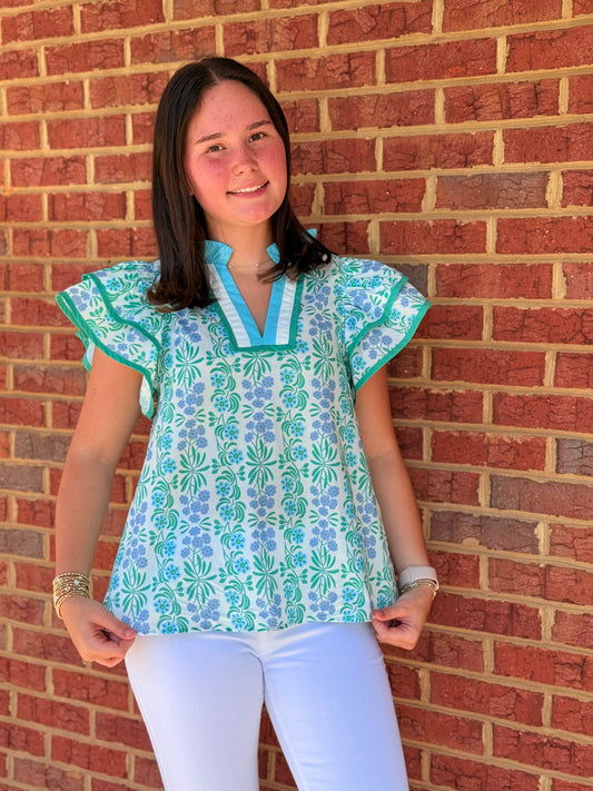 Entro Blue/Green Floral Print Flutter Top