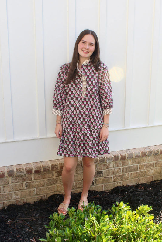 Entro Brown Floral Mini Dress w/Striped Ruffle Neck