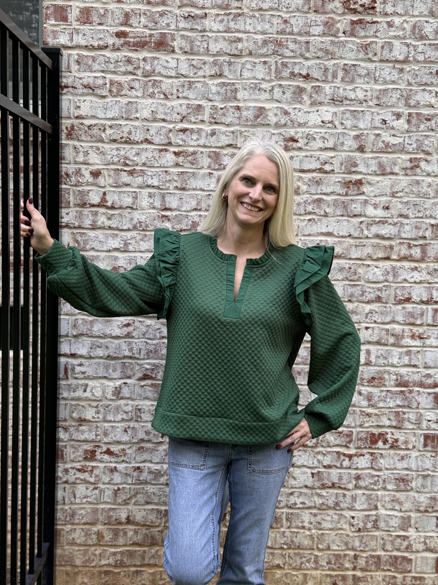 Jodifl Quilted Ruffle LS Top - Hunter Green