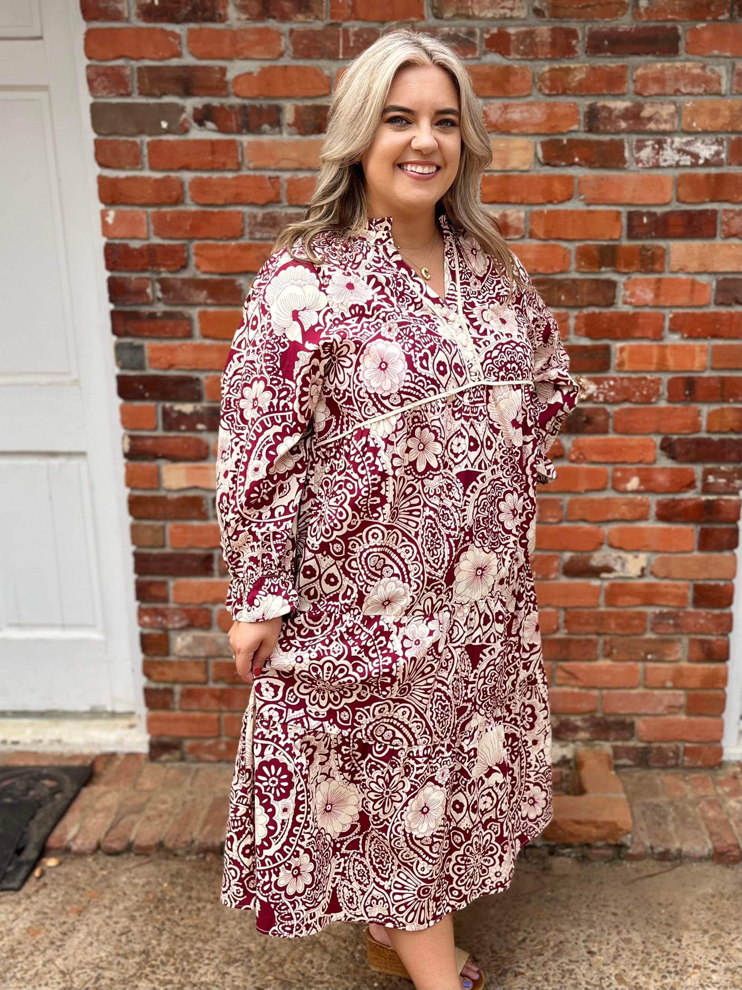 Umgee Plus Maroon/Cream Pattern Midi