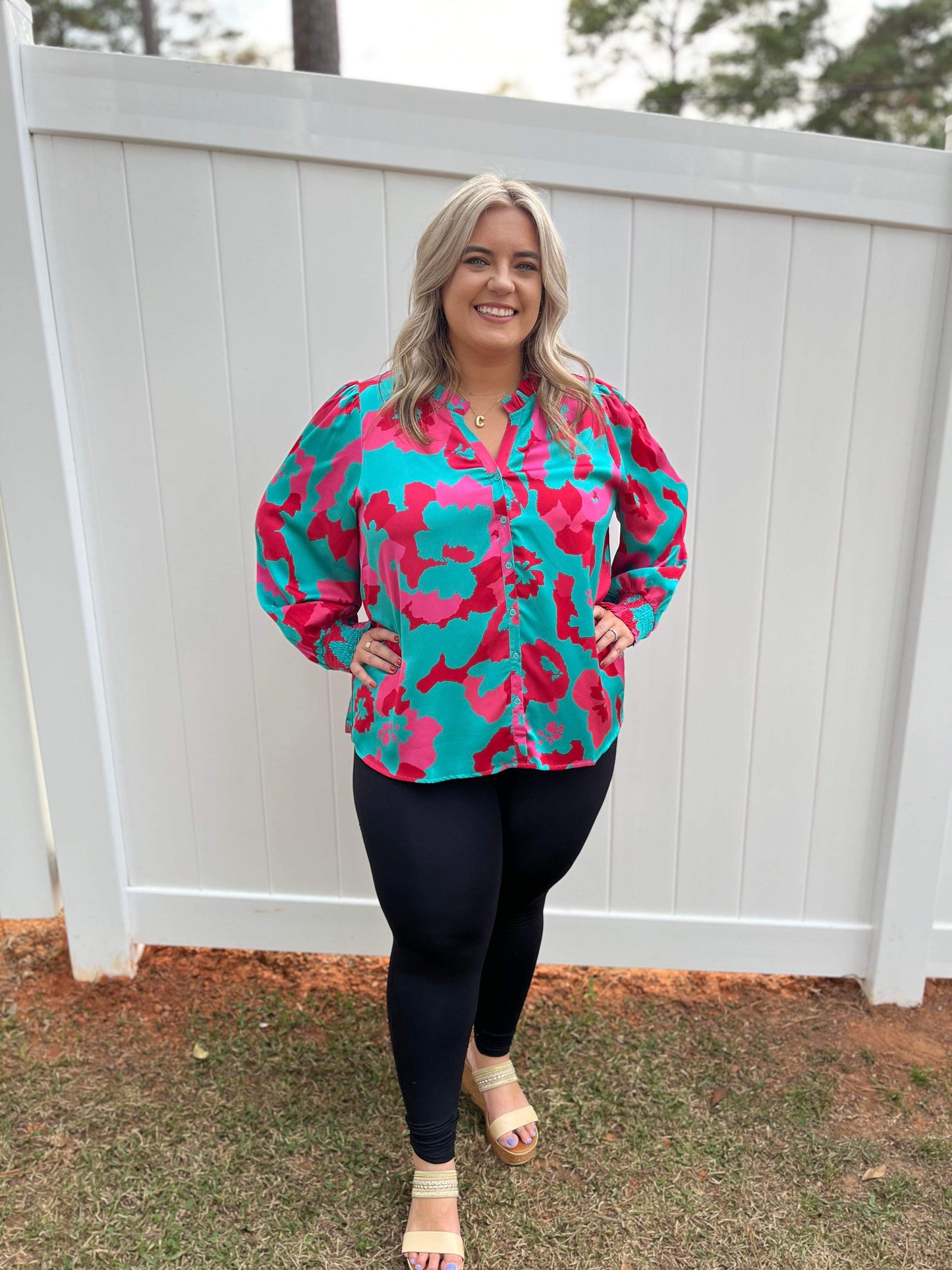 Jodifl Jade/Pink Floral Button Top