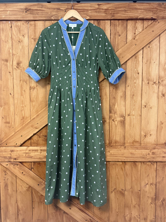 Entro Green Polka Dot Midi with Blue Trim