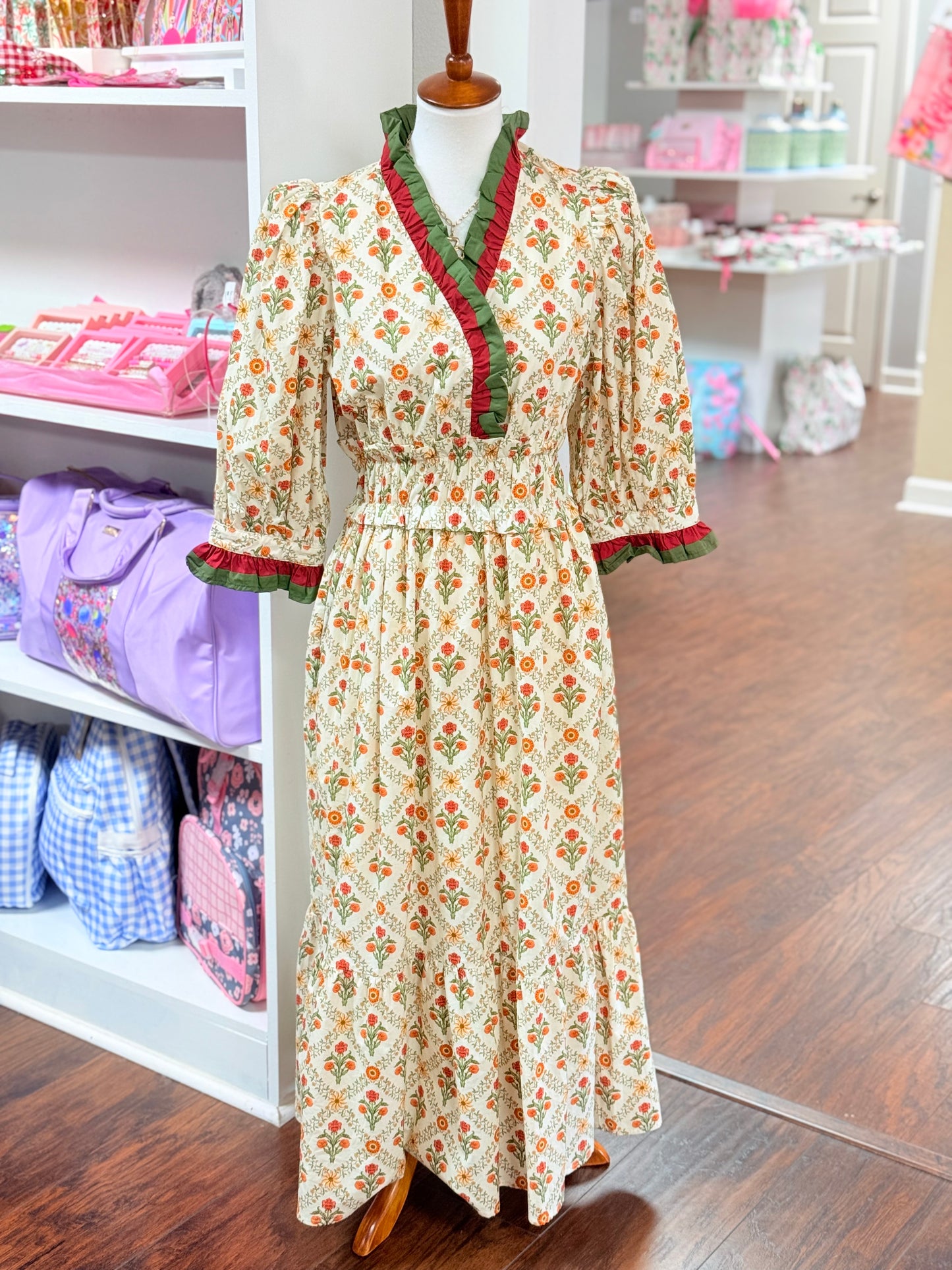 Entro Patterned Midi with Ruffle Trim and Smock Waist