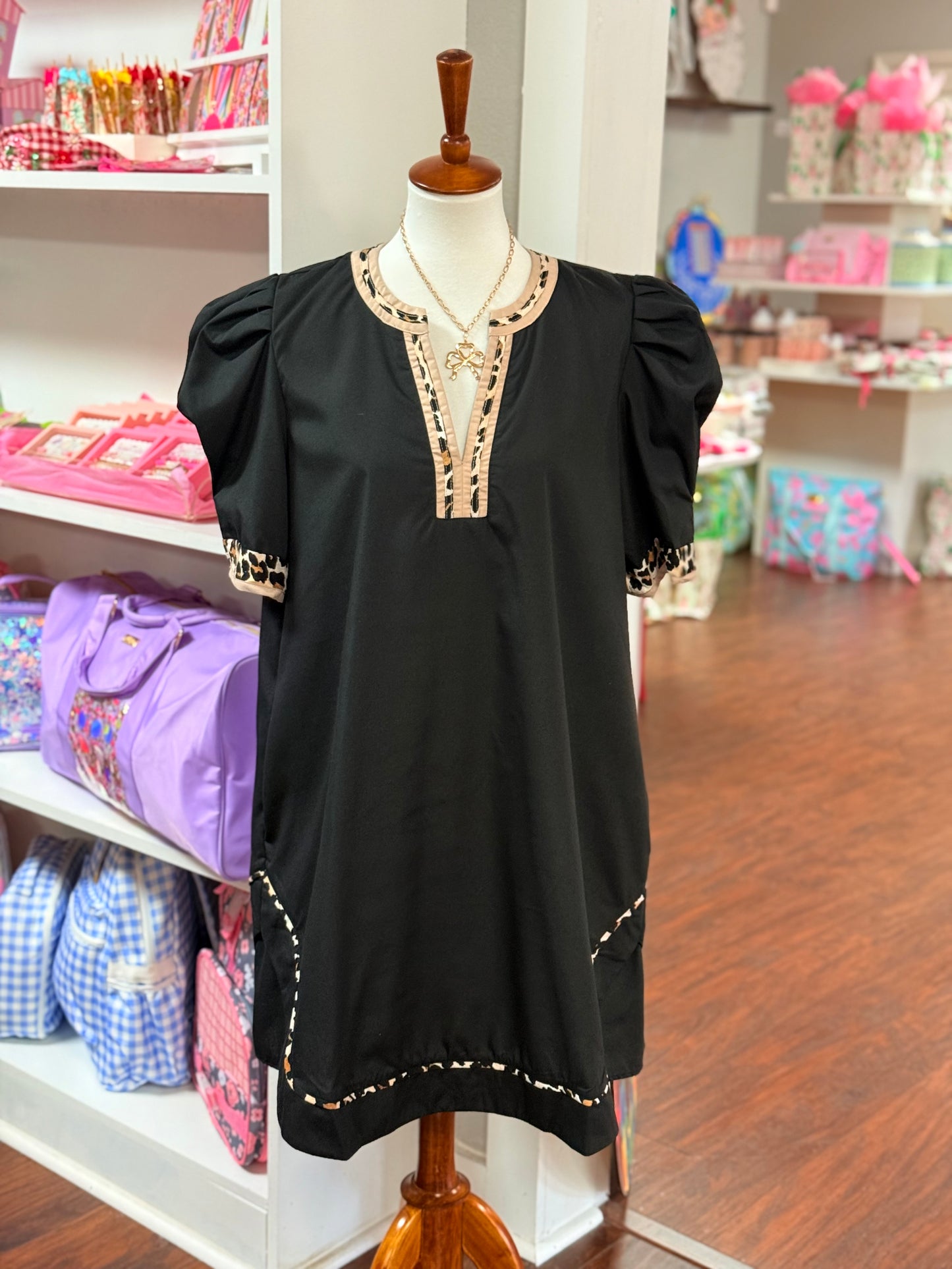 Entro Puff Sleeve Dress with Cheetah Trim