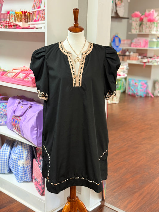 Entro Puff Sleeve Dress with Cheetah Trim