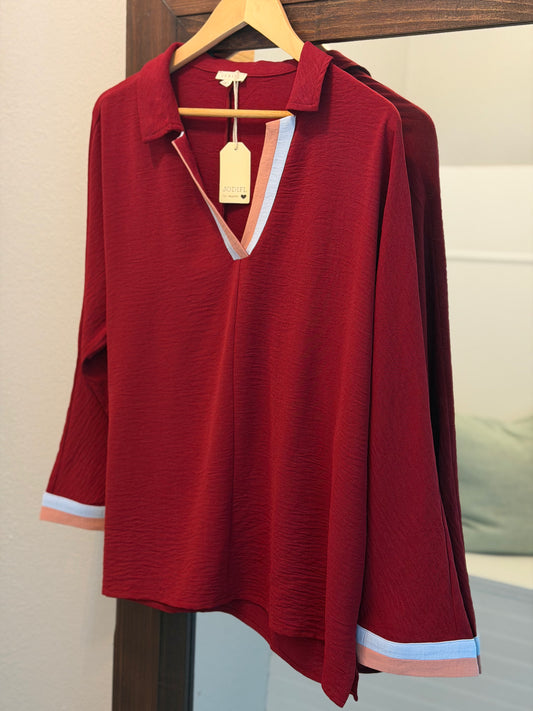Jodifl Collared Top with Colorblock Trim