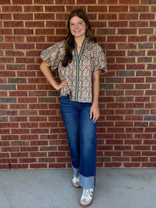 Entro Printed Short Sleeve Puff Top