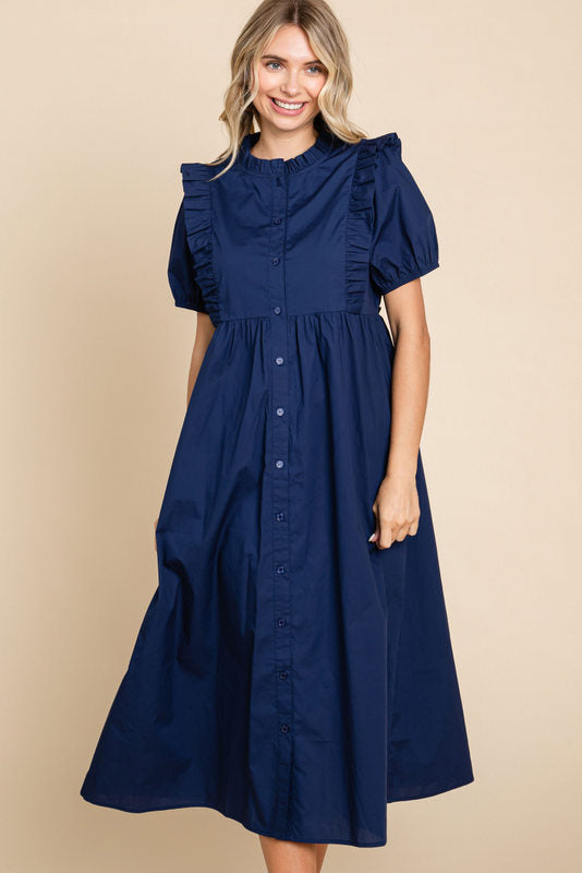 Jodifl Ruffle + Button Down Midi - Navy