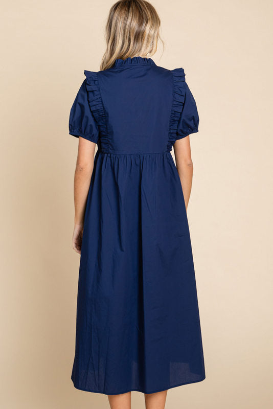 Jodifl Ruffle + Button Down Midi - Navy