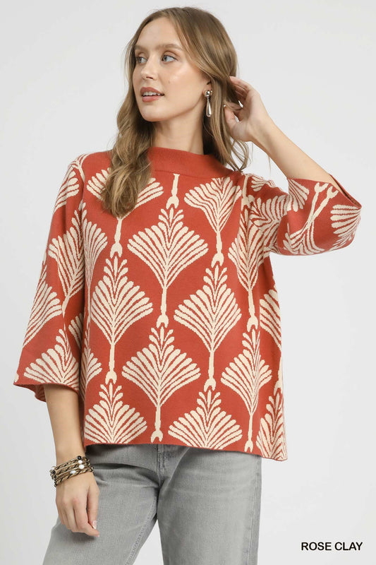 Umgee Abstract Print Mock Neck Sweater