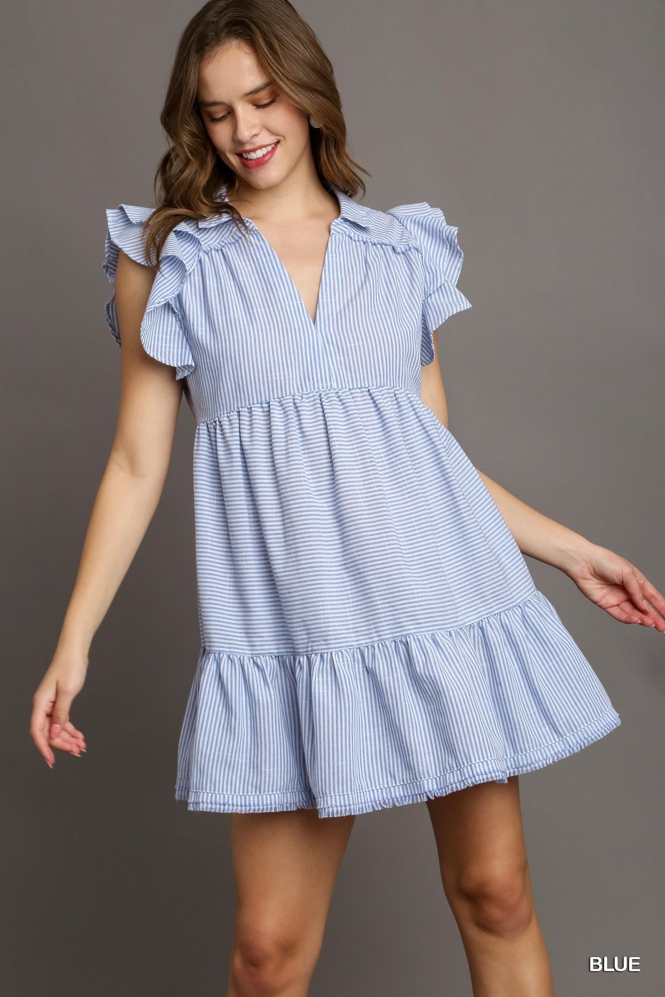 Umgee Collar Swing Dress - Blue Seersucker