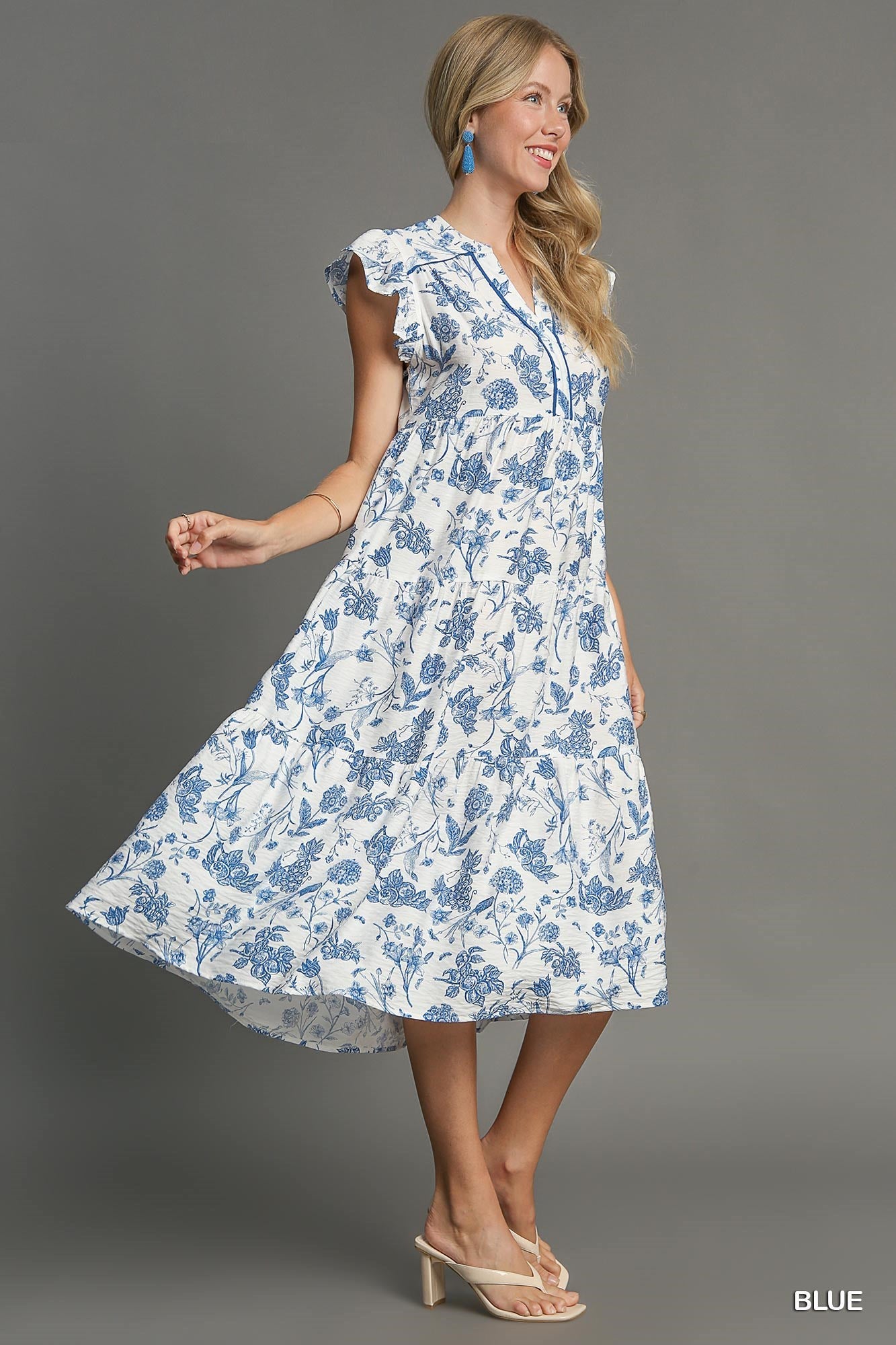 Umgee Floral Tiered Midi with Piping - Blue/White