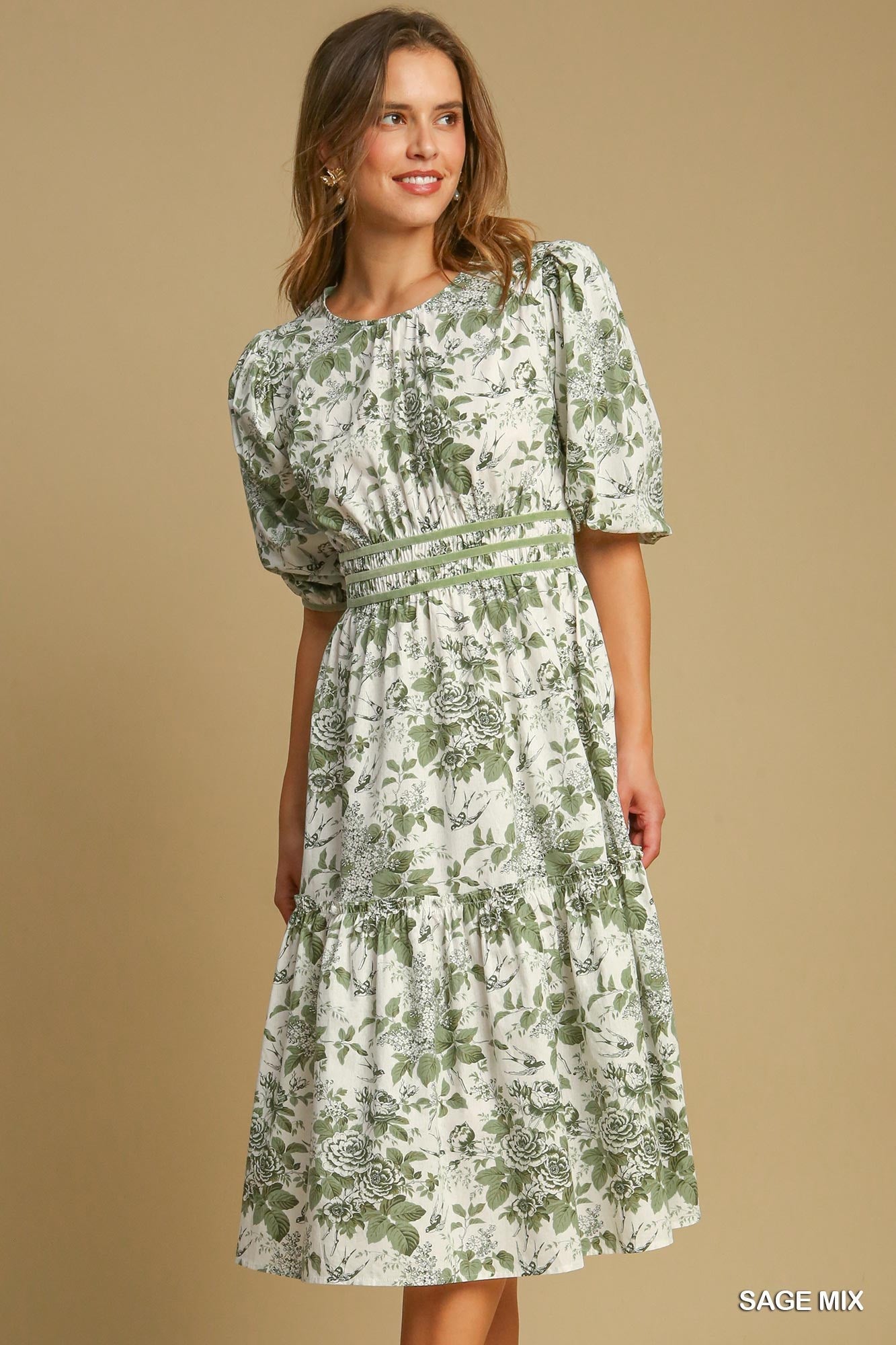 Umgee Sage Mix Floral Midi with Contrast Trim