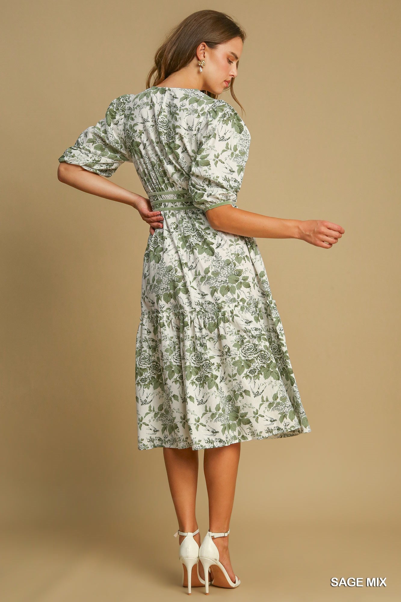 Umgee Sage Mix Floral Midi with Contrast Trim