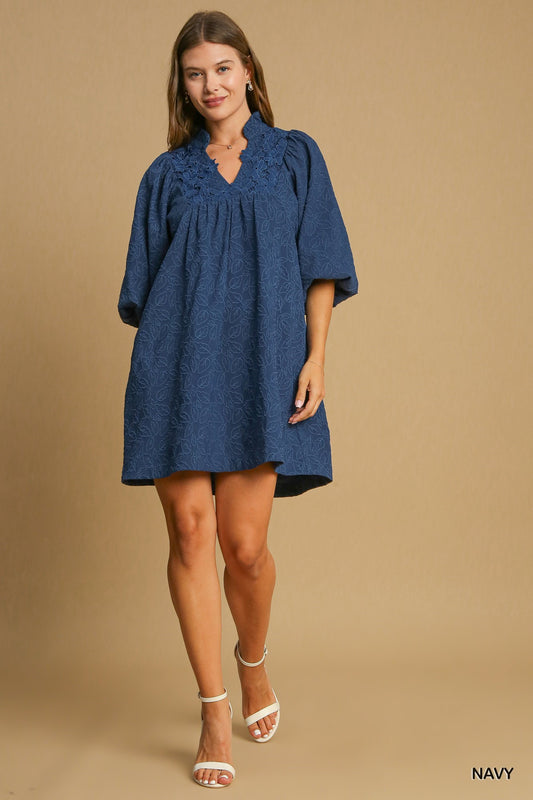 Umgee Lace Contrast Jacquard Dress - Navy