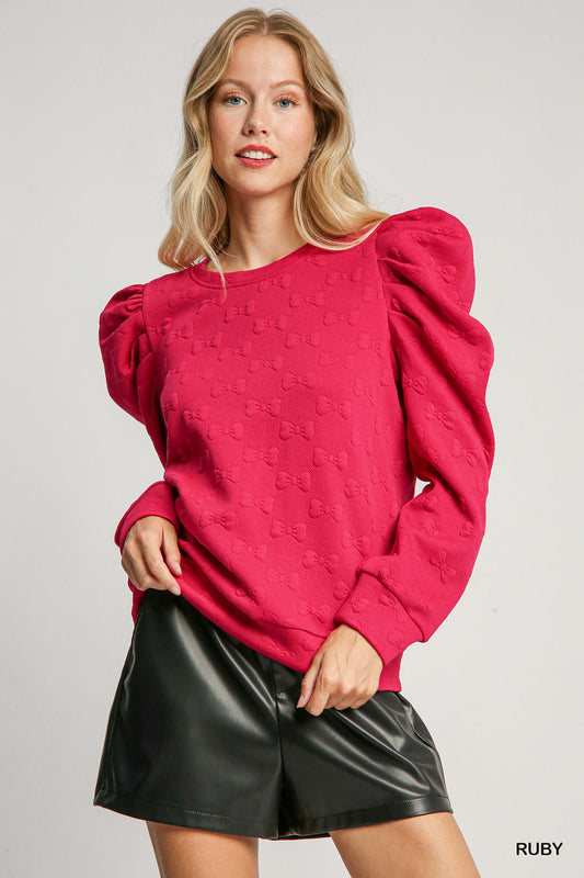 Umgee Bow Textured Puff Sleeve LS Top