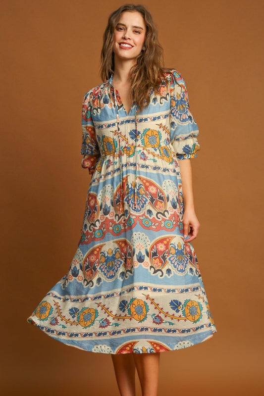 Umgee Border Print Midi Dress - Blue Mix