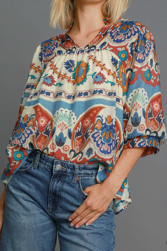 Umgee Mix Pattern Half Sleeve Top