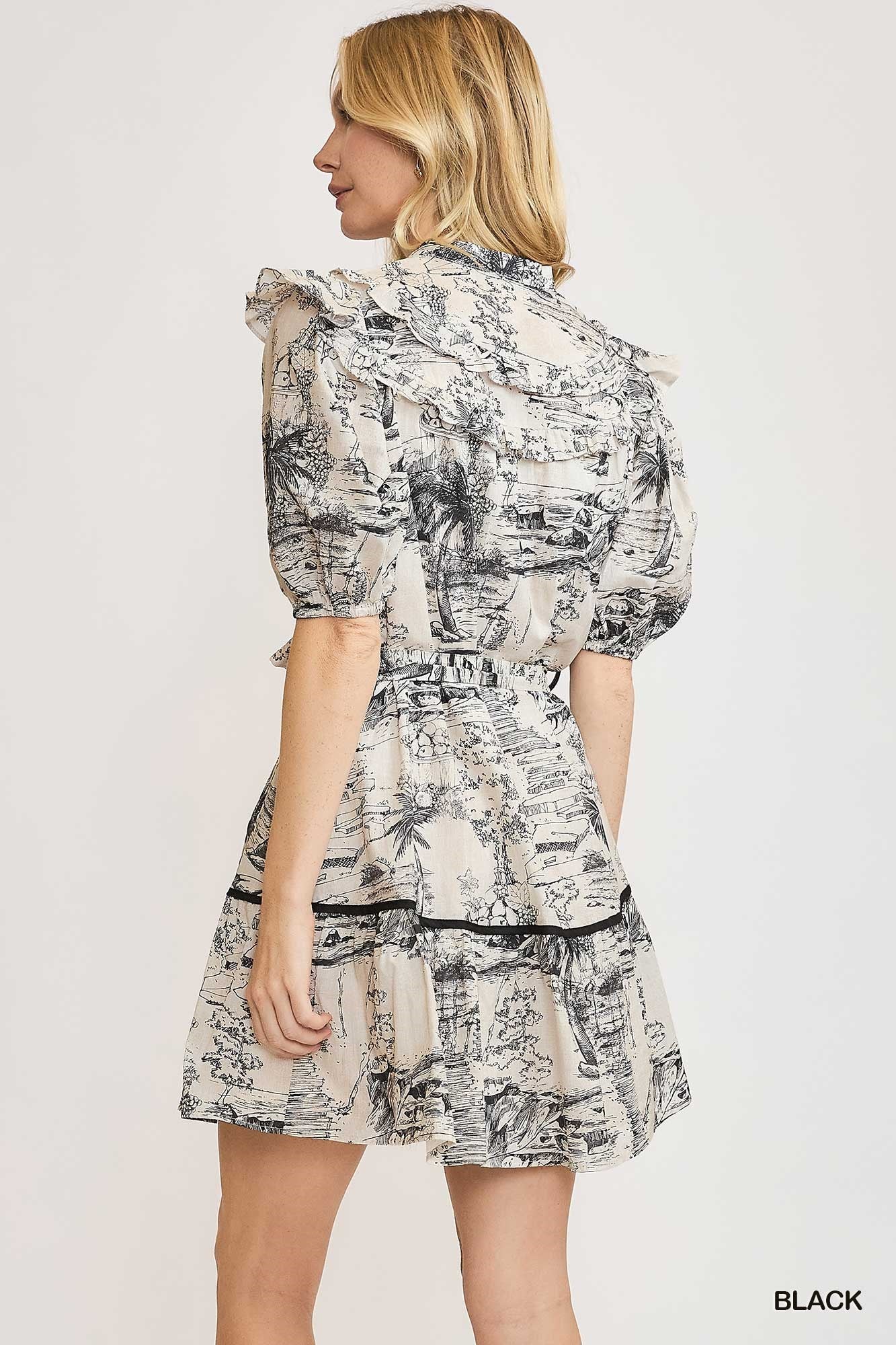 Umgee Landscape Pattern Tie Dress - Black