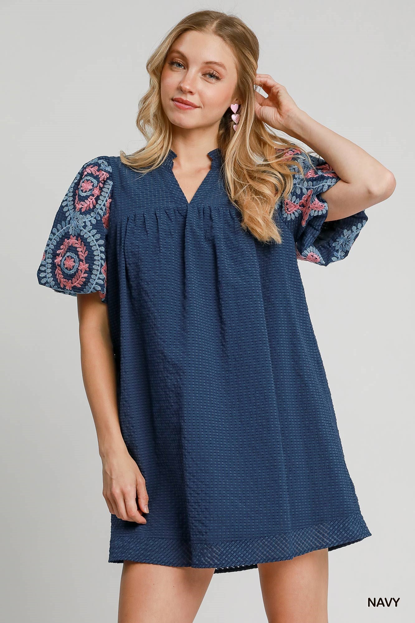 Umgee Windowpane Embroidery Dress