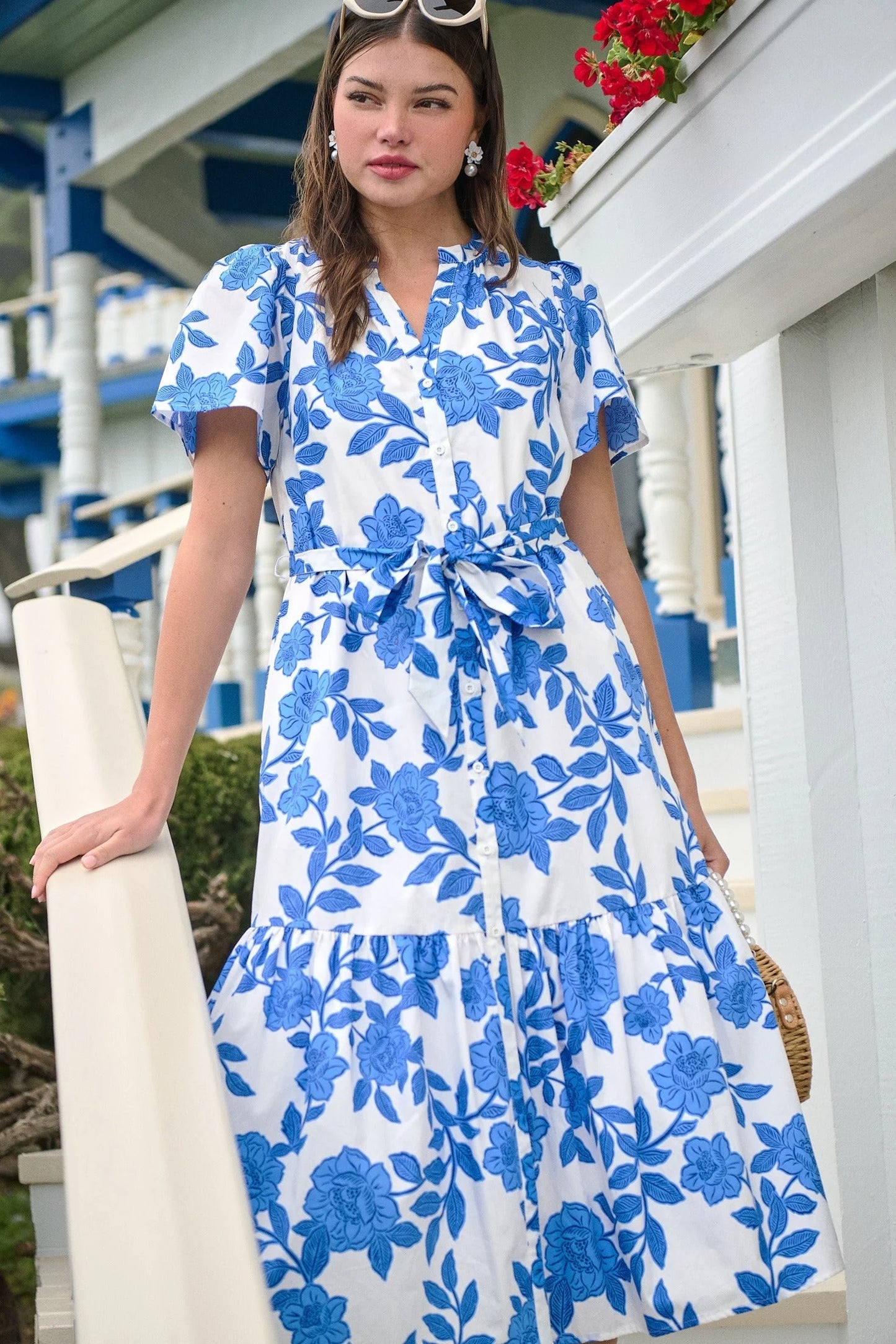 SL Glantis Floral Button Up Midi - Blue/White