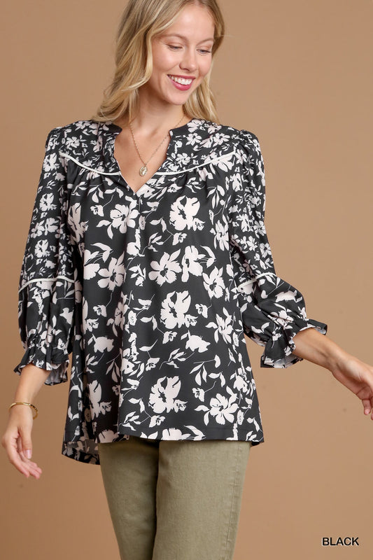 Umgee Two Tone Floral Mix Top - Black