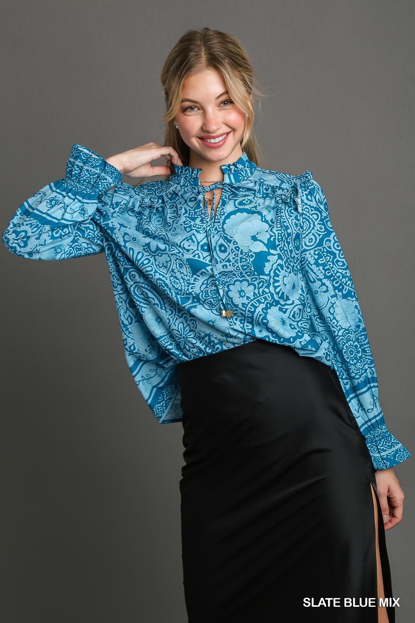 Umgee Paisley LS Top - Slate Blue Mix