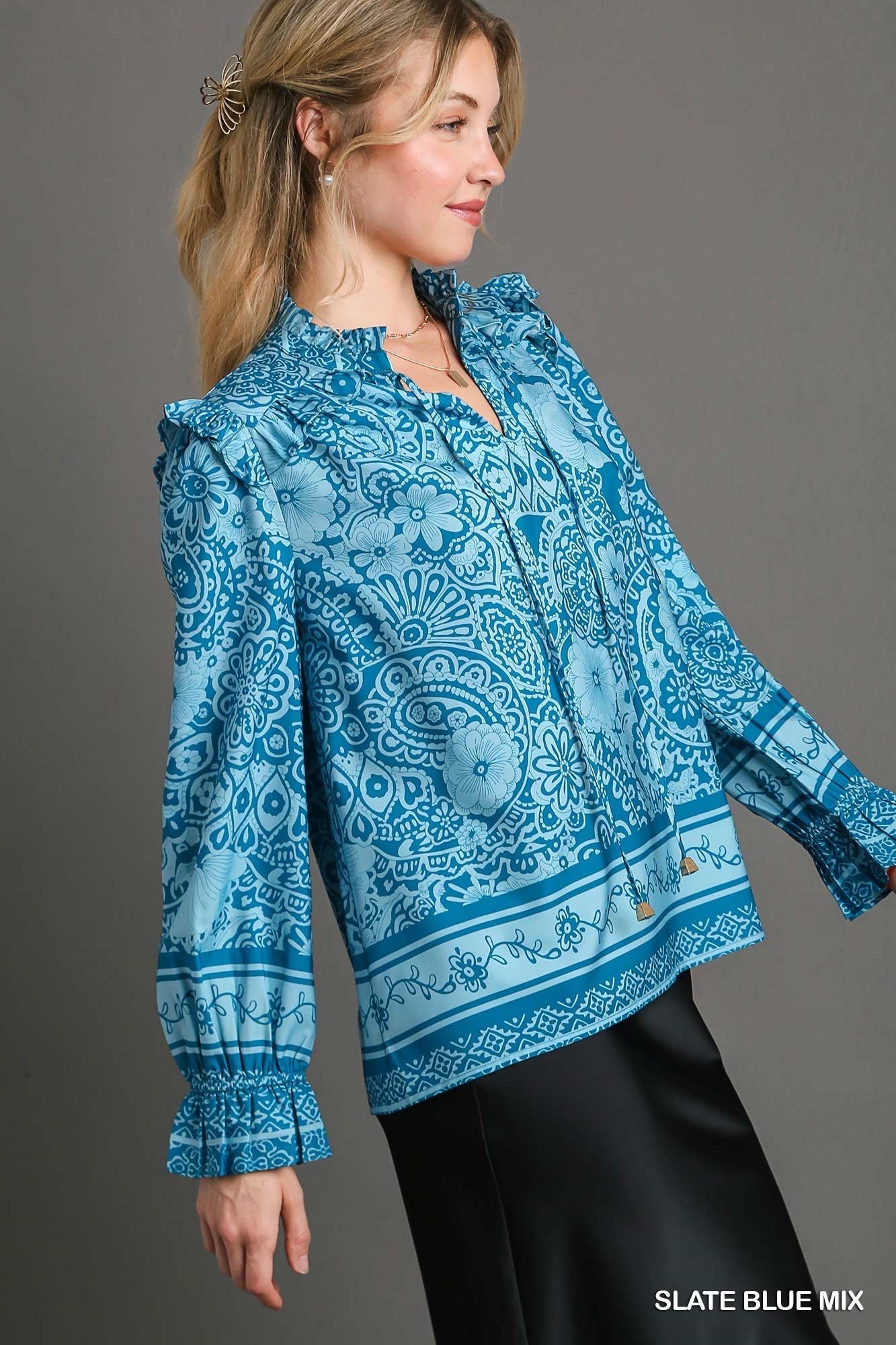 Umgee Paisley LS Top - Slate Blue Mix