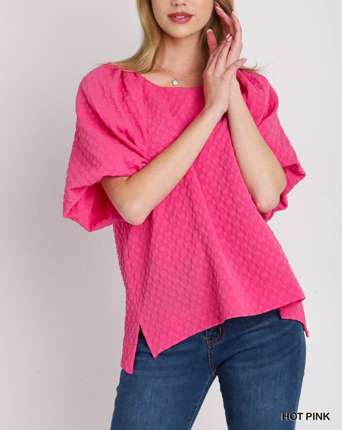 Umgee Textured Puff Sleeve Top - Pink