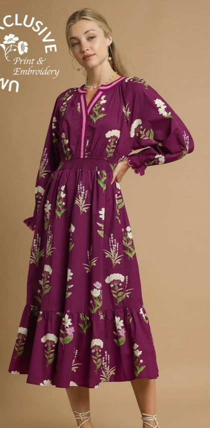 Umgee Floral Print V Neck Midi Dress with Ruffled Details