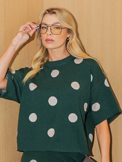 Glam Round Neck Short Sleeve Polka Dot Sweater