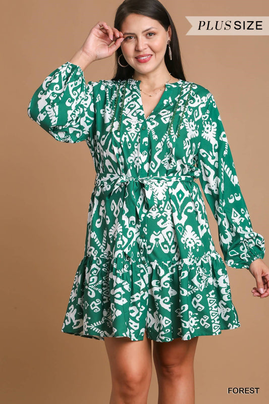 Umgee Plus Tie Pattern Dress - Forest