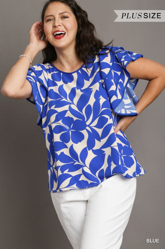 Umgee Plus Pattern Top with Ruffle Sleeve - Blue Leaf