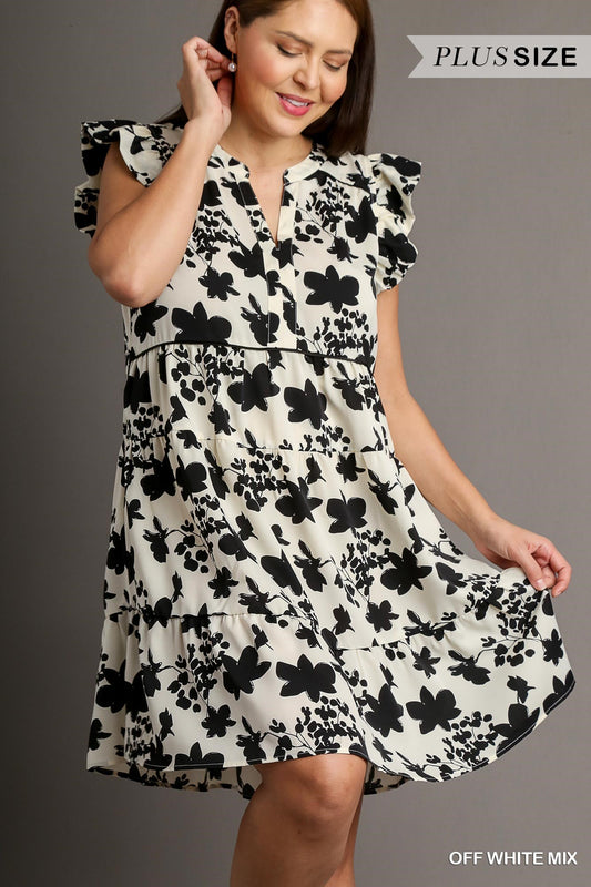 Umgee Plus Flutter Sleeve Dress - Black/White Mix