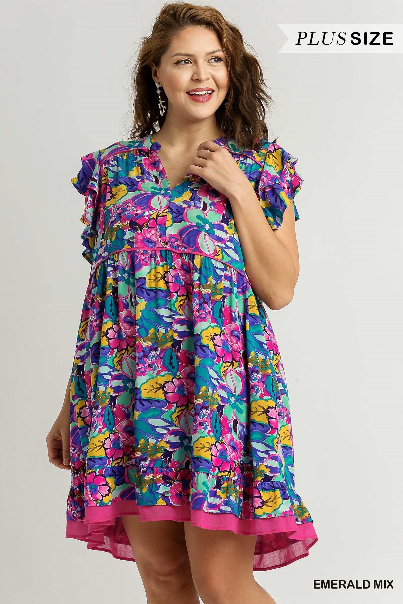 Umgee Floral Print A-Line Dress - Emerald