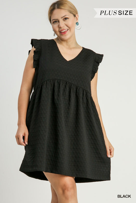 Umgee Plus Textured Black Dress with Ruffle Sleeves