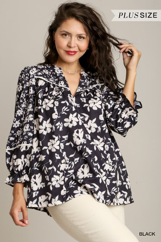 Umgee Two Tone Floral Mix Top - Black