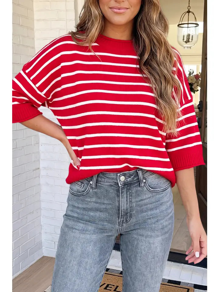 Red Stripe Half Neck Knit Sweater