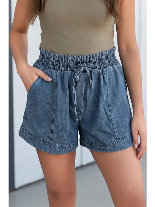 LAS Smocked Elastic Waist Drawstring Denim Shorts
