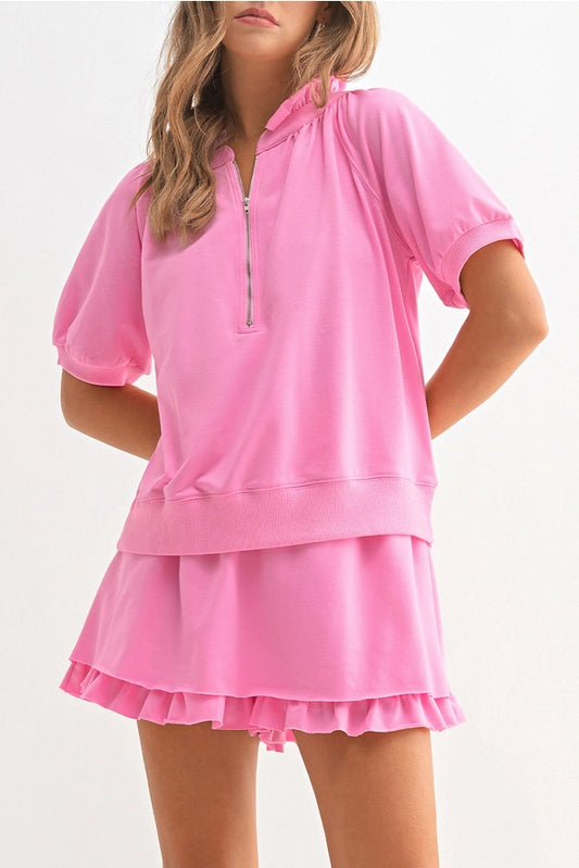 Aapparella Zip Front Puff Sleeve Top & Ruffled Set