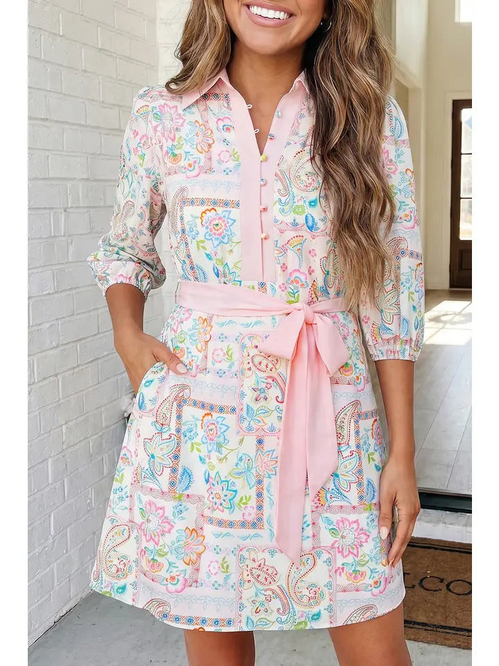 LAS Floral Belted Mini Dress