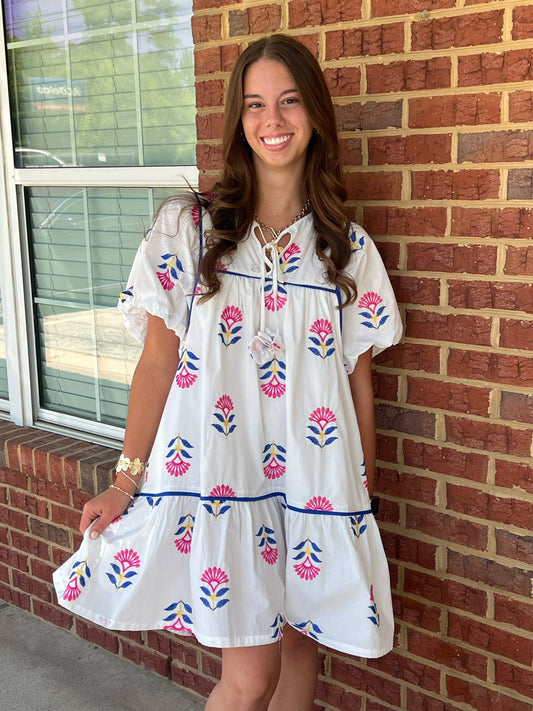 Umgee Puff Sleeve Embroidered Babydoll Dress