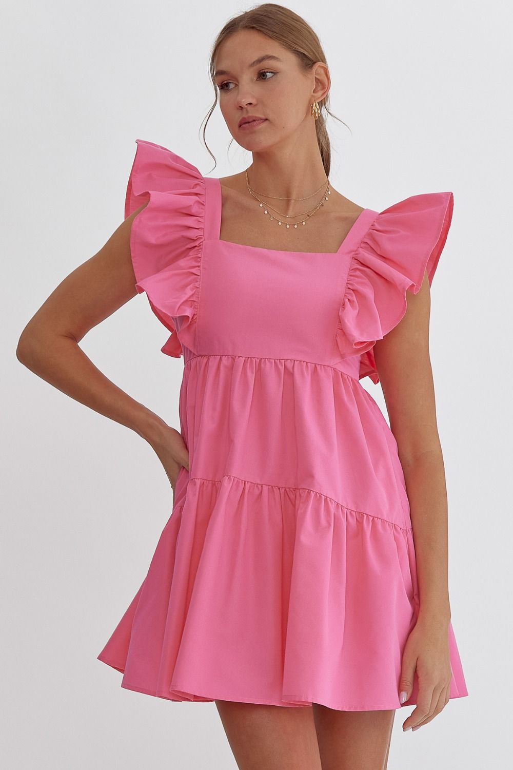 Entro Square Neckline Baby Doll Dress - Pink