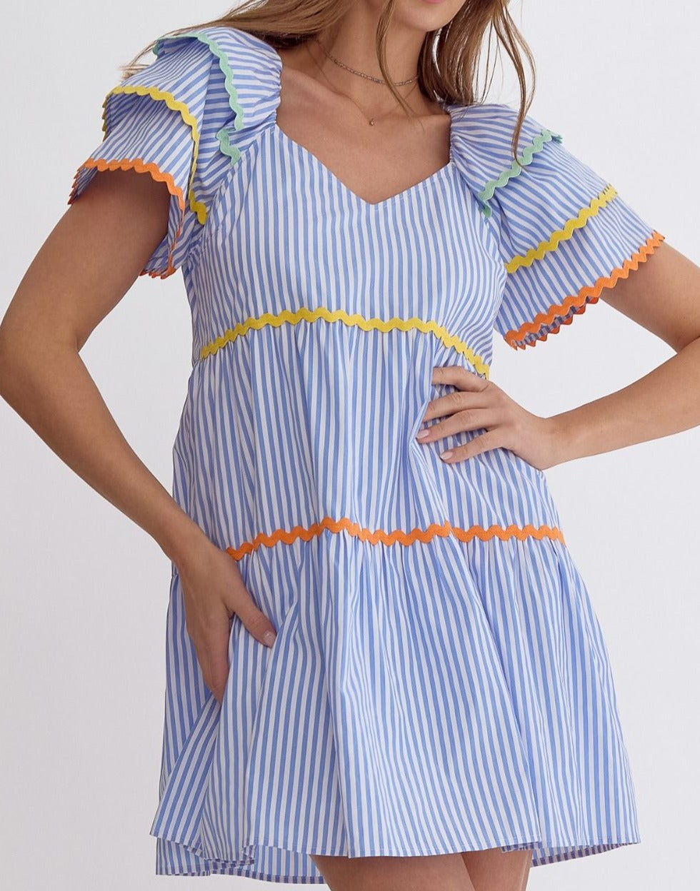 Entro Ruffle Sleeve Dress - Blue Stripes + Ric Rac