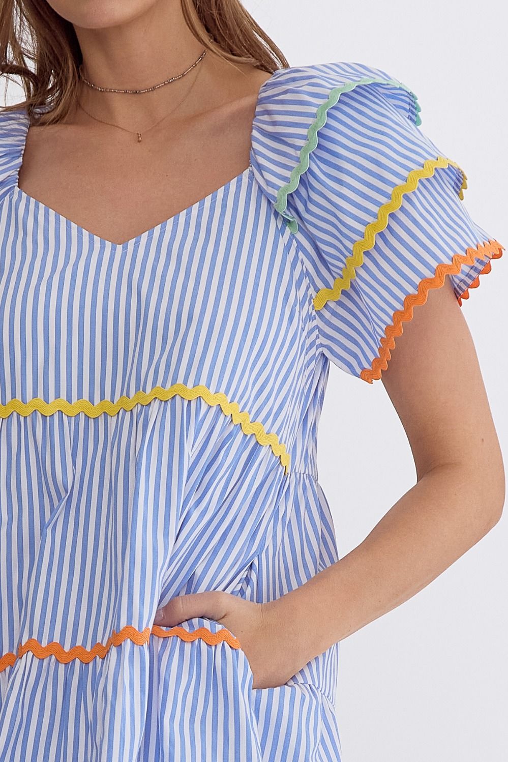 Entro Ruffle Sleeve Dress - Blue Stripes + Ric Rac