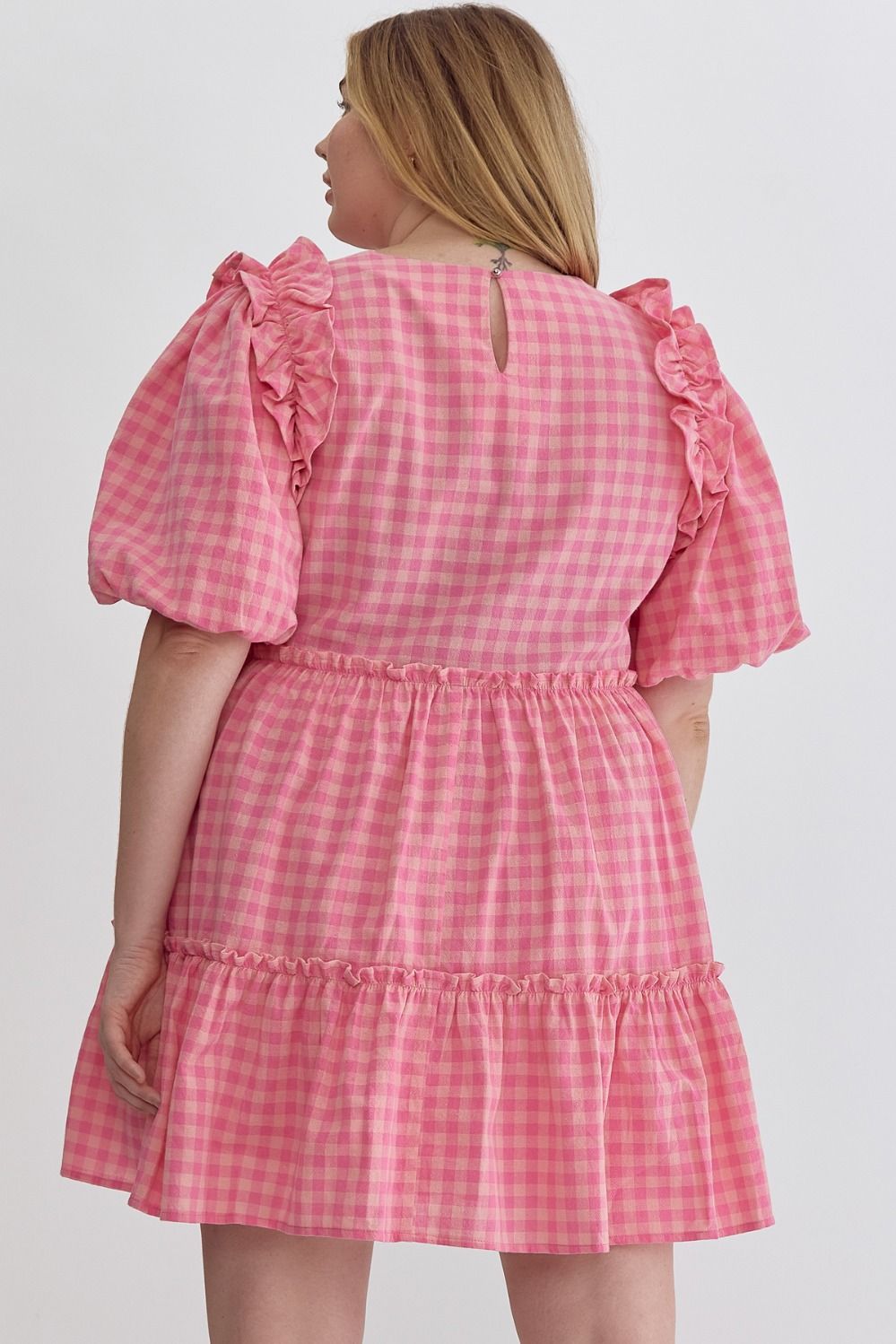 Entro Plus Pink Gingham Tiered Dress