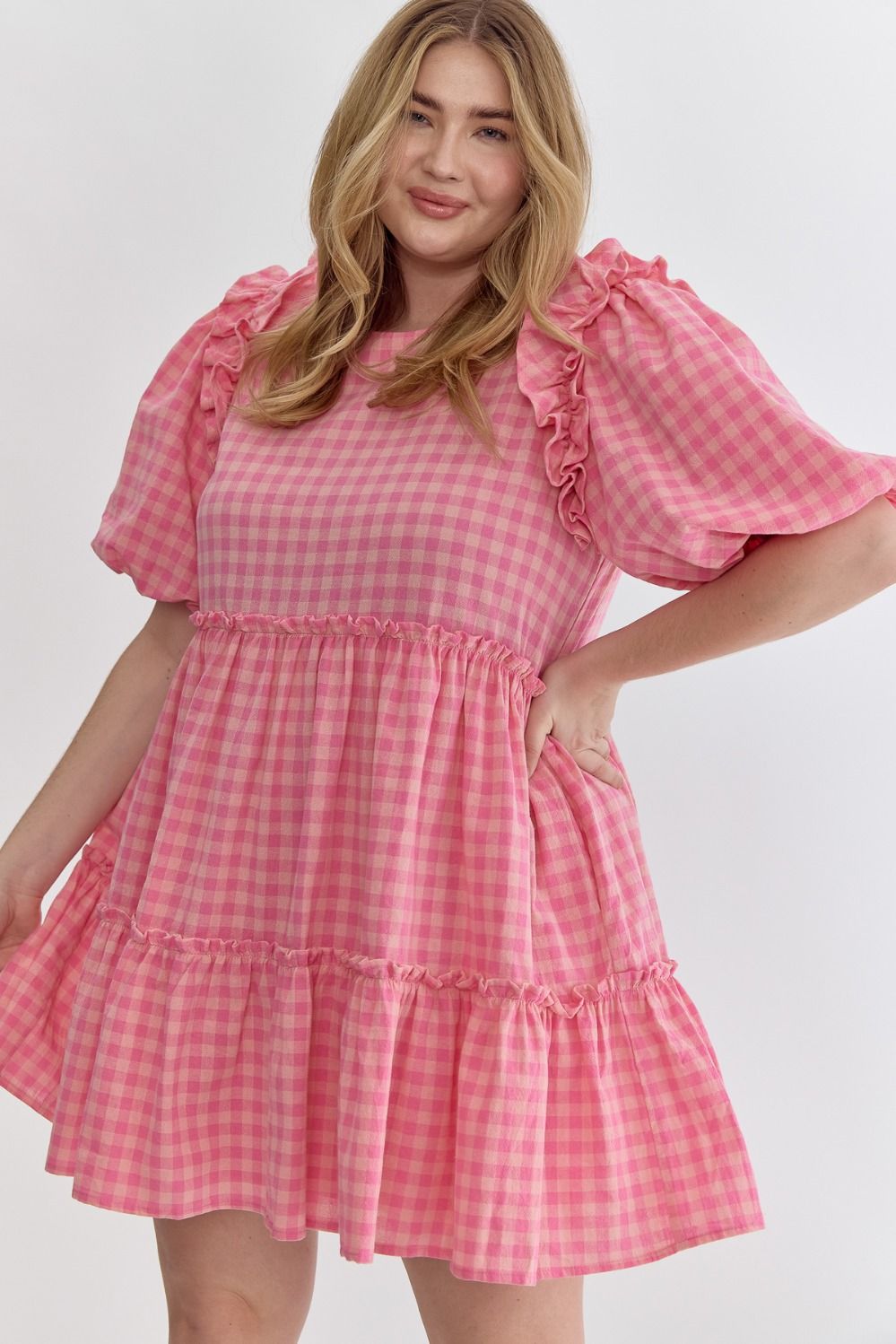 Entro Plus Pink Gingham Tiered Dress