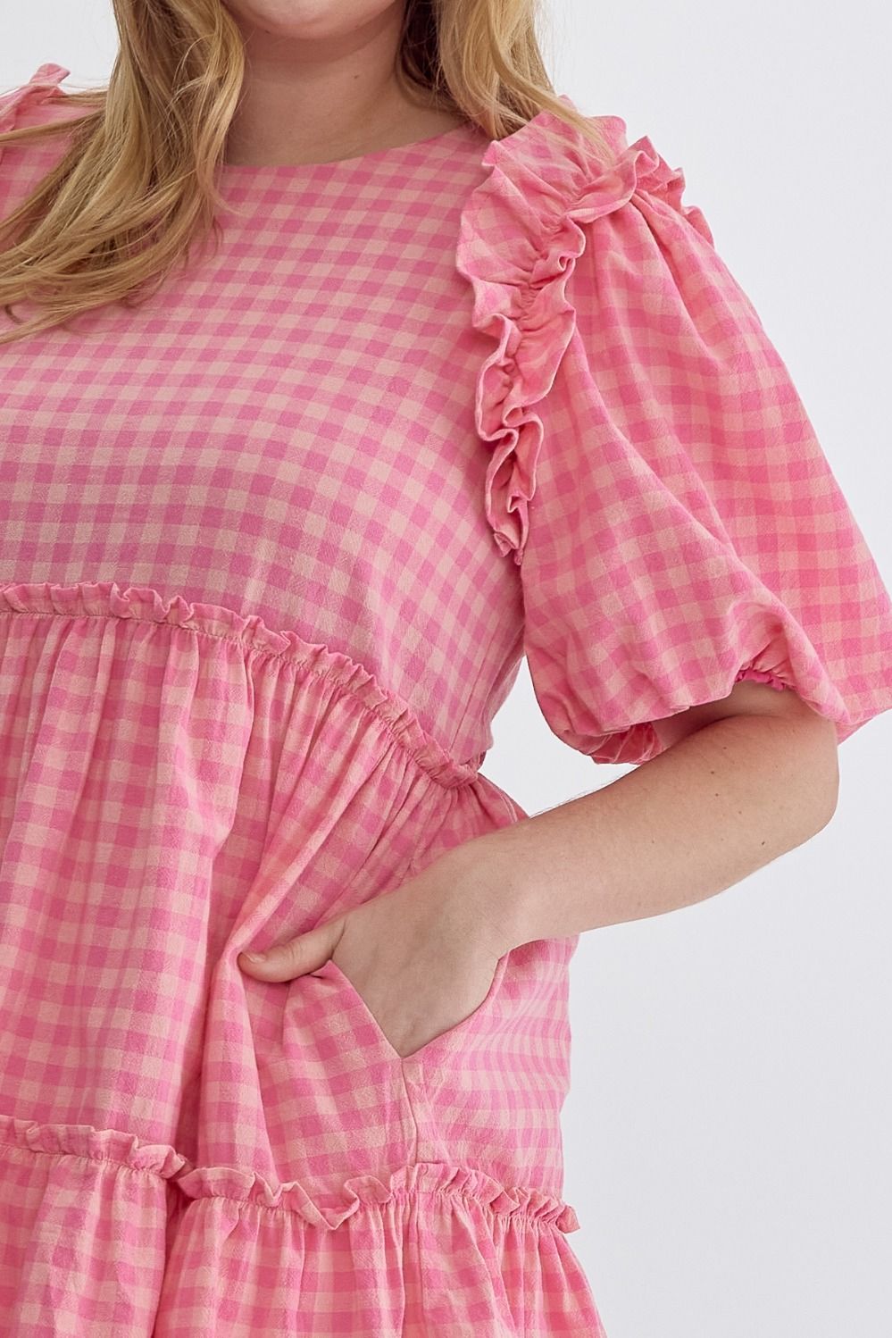 Entro Plus Pink Gingham Tiered Dress