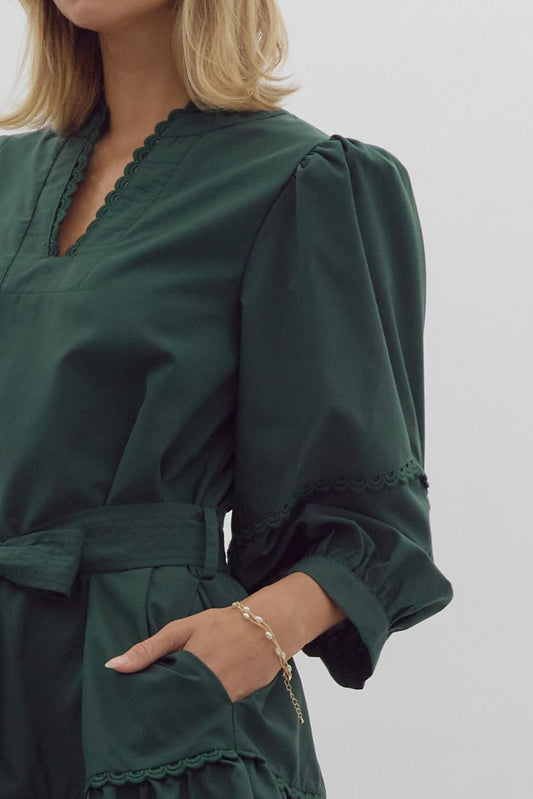 Entro Scalloped Edge Detail Dress - Forest Green