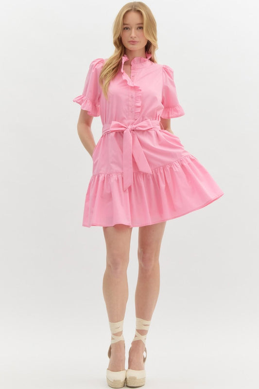 Entro Highneck Tie Waist Ruffle Dress